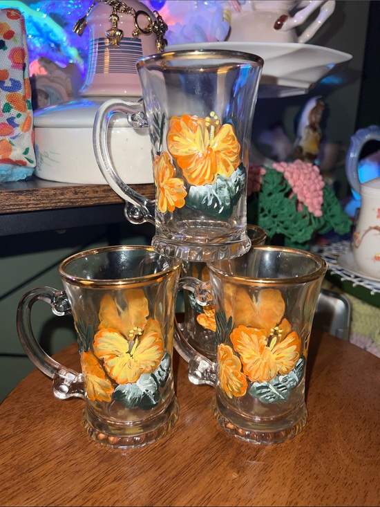 Other - Hand-Painted Floral Glass Mugs with Gold Rim - Set of 4